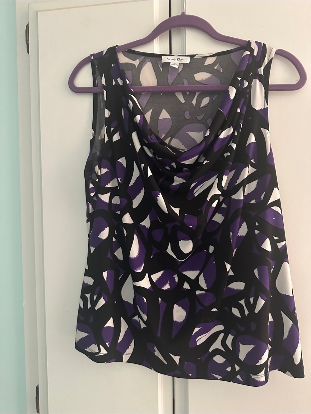 Calvin Klein Black Purple White Printed Cowl Neck Sleeveless Top